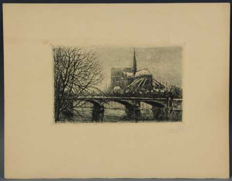 Etching of Notre Dame with Snow