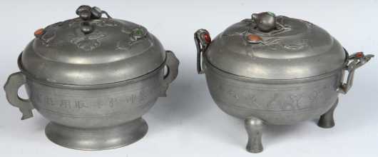 Similar Pair of Chinese Pewter Covered Hot Water Bowls