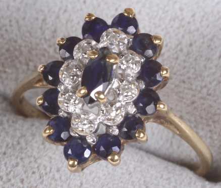 Dark Blue Sapphire and Diamond Cluster Ring