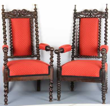 Two Walnut Gothic Form Arm Chairs