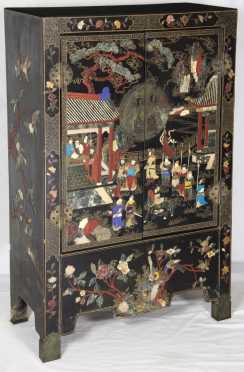 Chinese lacquer decorated cabinet inlaid with jade, ivory  lapis, cinnabar and other stones