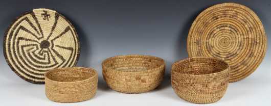 Lot of Five Native American Made Coiled Rush Baskets