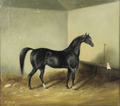 E. Blythe,  oil on canvas of a black race horse