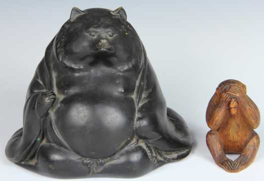Bronze Figure of a Bear with a Wooden Carved Monkey