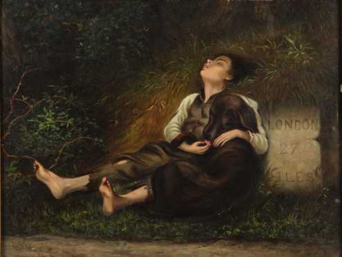 Oil on Board painting of a young boy and his dog asleep by the side of the road 