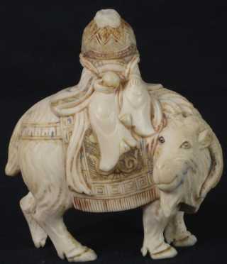 Mongolian Carved Ivory Snuff Figure Riding a Yak