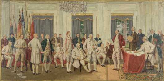 Barry Faulkner titled "The Day of Decision," this was the preparatory painting for the mural in the lobby of the John Hancock Mutual Life insurance Co Boston