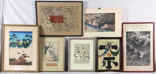 Lot of 7 Japanese prints and watercolor
