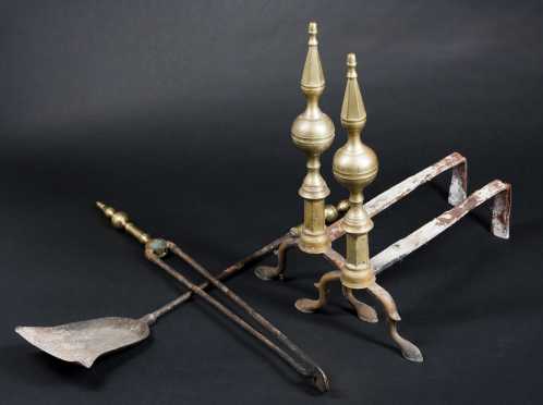 Pair of Steeple Top Brass Andirons and Tools