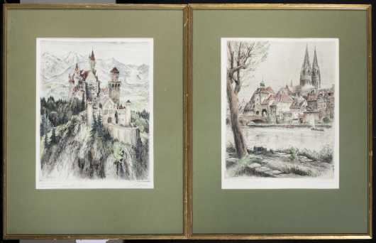 Paul Geissler lot of 2 hand tinted etchings