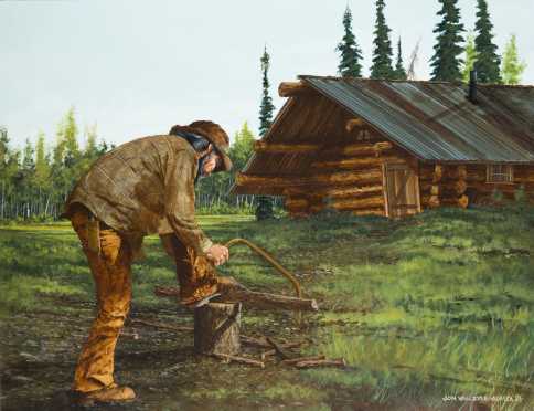 John Van Zyle, of a figure sawing kindling for his supper