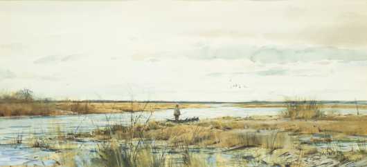Milton C. Weiler, watercolor of a man by a marsh with ducks flying