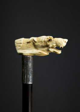 Carved Wolf Hound Handled Cane