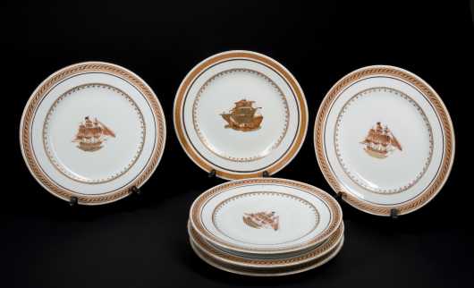 Seven Chinese Export Ship Decorated Plates