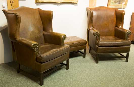 Pair of  "Ethan Allen" Leather Wing Chairs with Ottoman 
