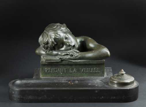 Joaquin Angles, figural bronze and marble inkwell