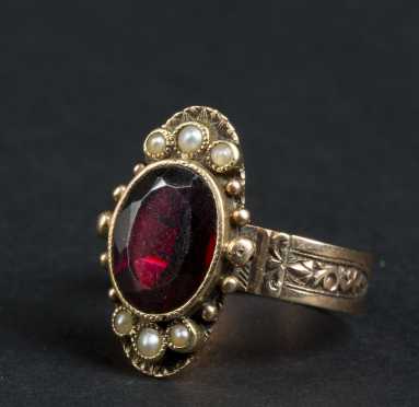 Rose Gold Ladies Ring with Garnet and Seed Pearls