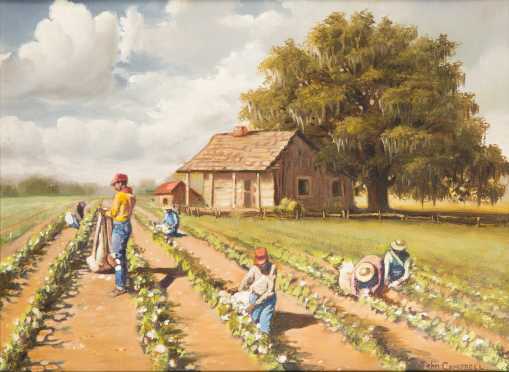 John Reed Campbell painting of African Americans Picking Cotton