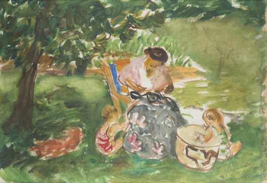 Waldo Peirce painting of a woman sewing in her backyard