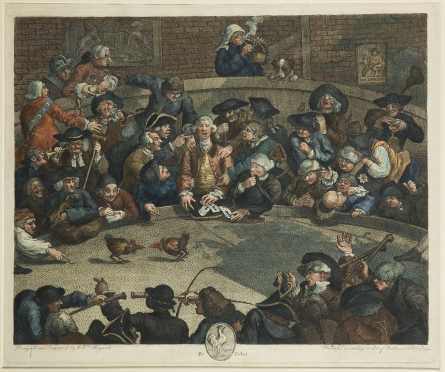 Colored Etching of a Cock Fight