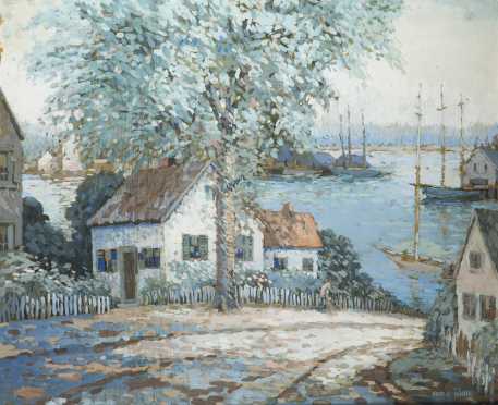 Albert White painting of a town and coastal scene.