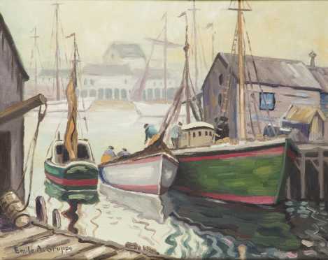 Emille A. Gruppe painting of fishing boats in the harbor