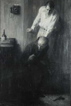 Lu Kimmel painting of two men with a gun on the floor