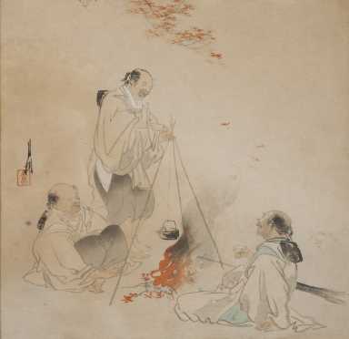 Japanese Block Print depicting three men by a camp fire