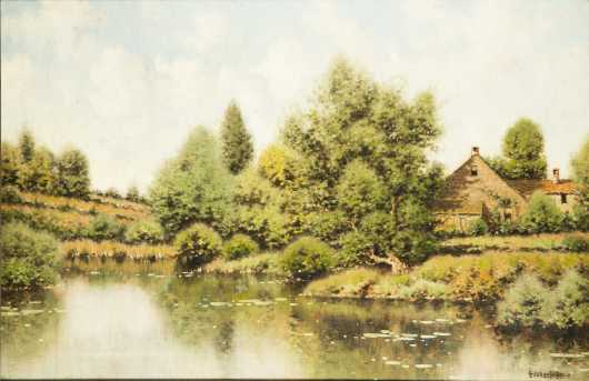George W. Drew Connecticut Homestead of a Country Home by a Pond