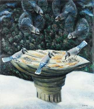 Frederick Rhodes Sisson still life painting of, "Blue Jays at the feeder," 