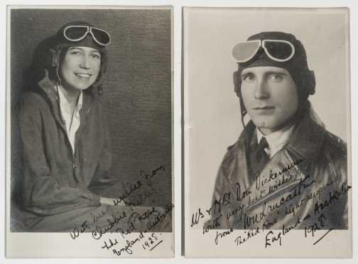 Pair of Inscribed and Autographed 1928 Photographs of Chubbie Miller and Bill Lancaster, pilots of the Aero plane the "Red Rose"