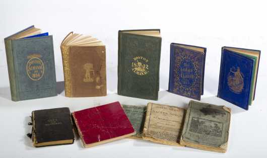 Lot of 10 small-format books inc. 1857 Juvenile Almanac,