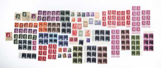 Lot of German Third Reich and Czechoslovakian Stamps with Obliterated Images of Adolf Hitler and the Swastika.