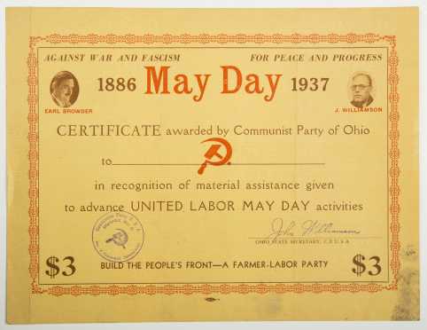 1937, Ohio Communist Party, "May Day" Certificate