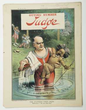 1899 "Outing Number, Judge" 10 Cent Magazine With Derogatory Cover Depicting President McKinley Giving "The Filipino's First Bath."