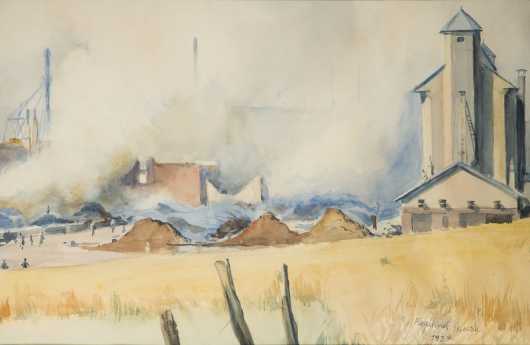 Reginald Marsh watercolor of an industrial scene