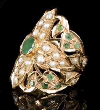 Yellow Gold, Emerald and Seed Pearl Ring
