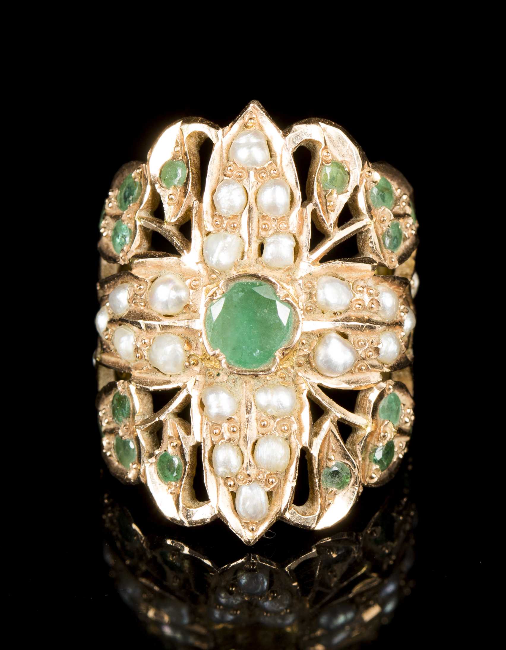 Yellow Gold, Emerald and Seed Pearl Ring