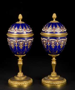 Pair of Enamel and Bronze Covered Urns