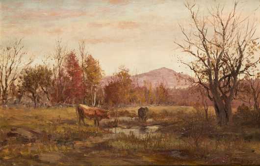William Preston Phelps painting of two cows grazing with Mt Monadnock in the background