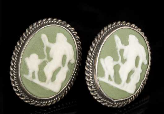 Pair of Green Cameo and Sterling Earrings