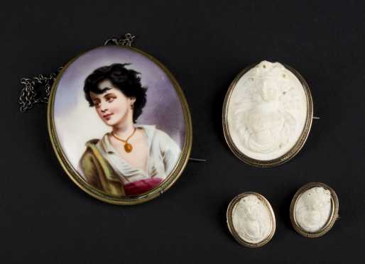 Painted Porcelain Portrait and Three Lava Stone Cameos