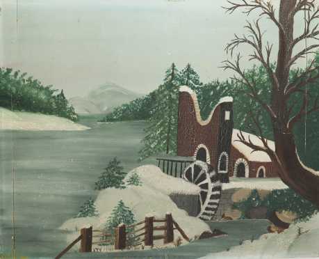 A.V.Craig, American, 19thC., Oil on bread board painting of a water-mill by a lake
