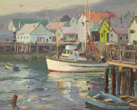Carolus Verhaeven, Dutch/California (1908-1956), oil on Masonite of a Fish Pier with a Boat