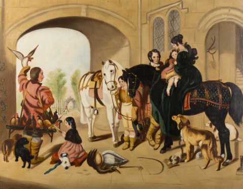 Primitive English Painting, oil on canvas painting of a country manor house scene with horses and children