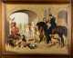 Primitive English Painting, oil on canvas painting of a country manor house scene with horses and children
