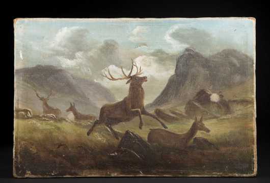 D.J. Gross, Philadelphia, 19th century, oil on canvas of running stag and mate