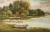 NH/MA Lake Painting, oil on canvs painting of a row boat, dock and cottage by a lake, unsigned
