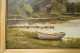 NH/MA Lake Painting, oil on canvs painting of a row boat, dock and cottage by a lake, unsigned
