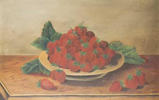 Primitive Painting -Bowl of Strawberries, Oil on Artist Board